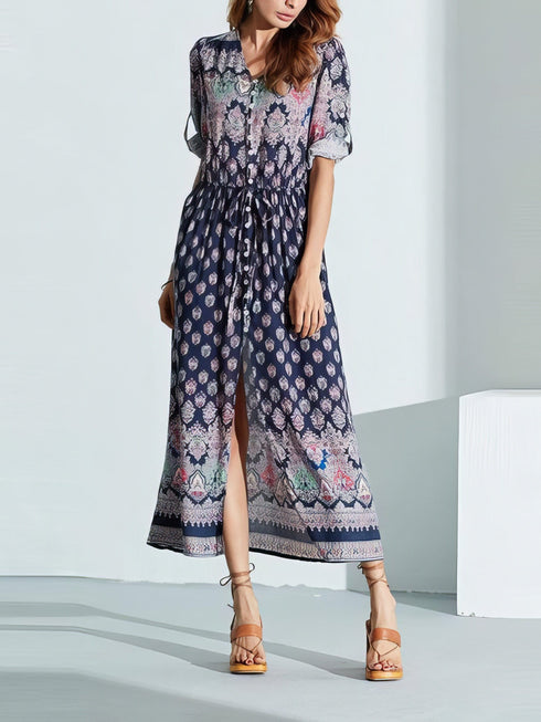 Mid-sleeve V-neck Bohemian Long Dress