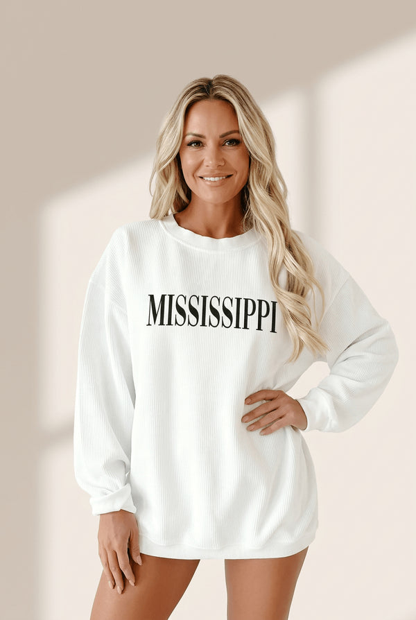 Women's Mississippi White Ribbed Knit Oversized Sweatshirt