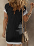 Modern Black Colorblock Pocketed T-Shirt Dress with Textured Edge