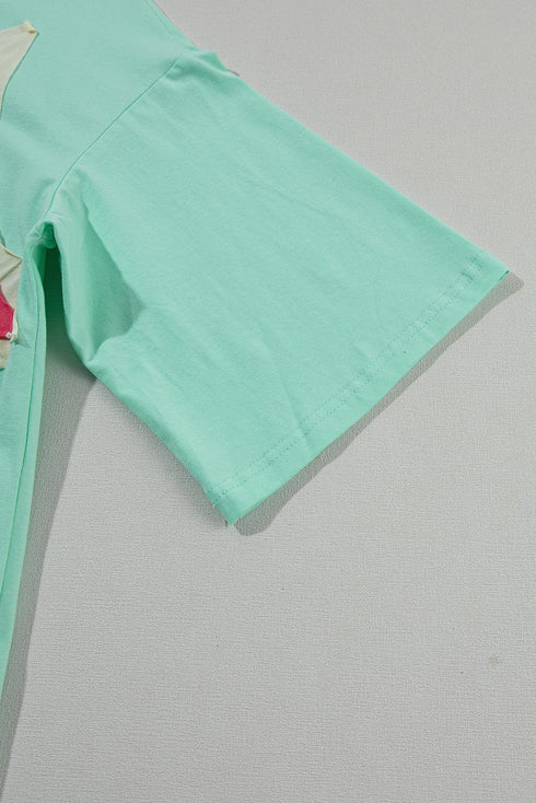 Moonlit Green Starry Colorblock Oversized Tee with Half Sleeves