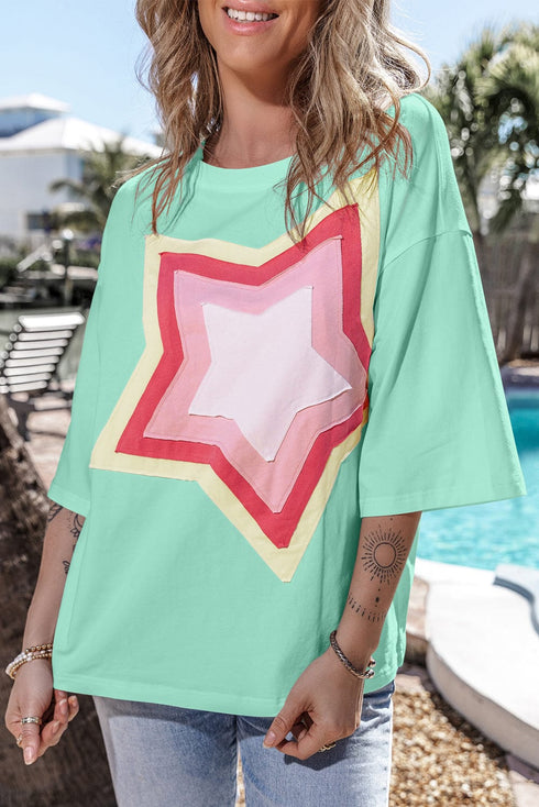 Moonlit Green Starry Colorblock Oversized Tee with Half Sleeves