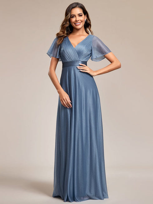 Moonlit V-Neck Ruffle Sleeved Evening Dress