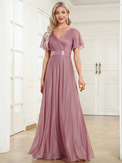 Moonlit V-Neck Ruffle Sleeved Evening Dress