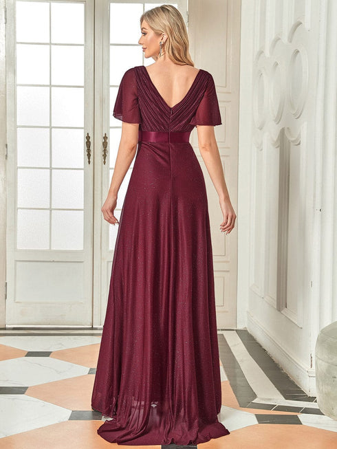 Moonlit V-Neck Ruffle Sleeved Evening Dress