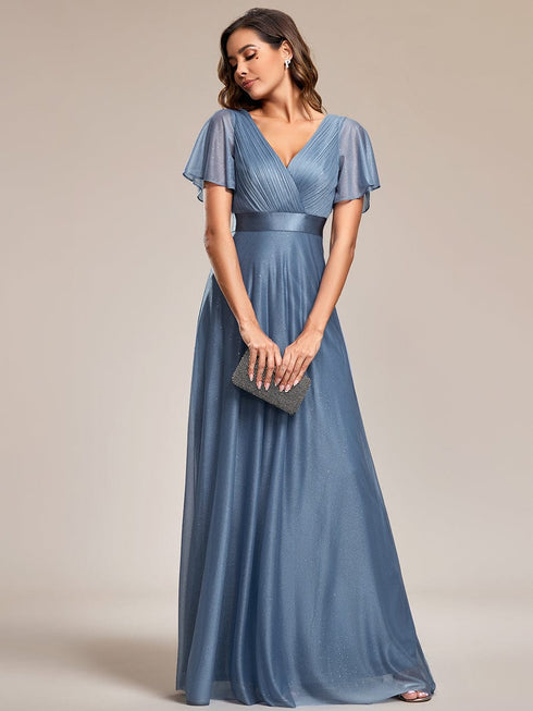 Moonlit V-Neck Ruffle Sleeved Evening Dress