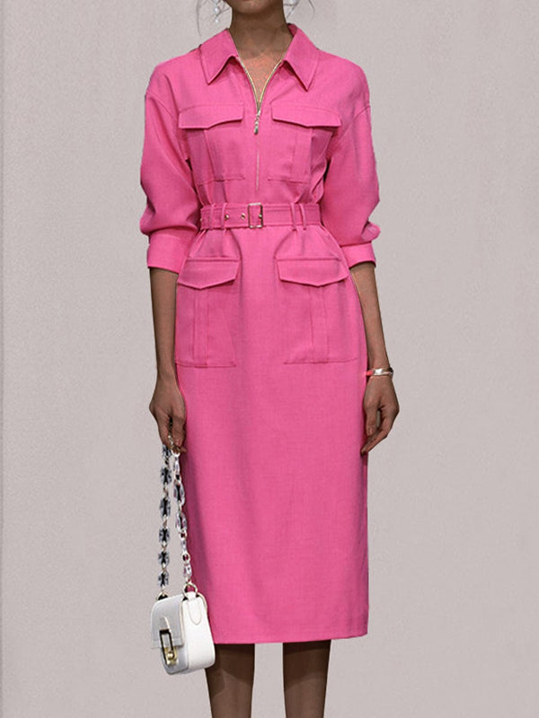 Multi-Pocket Safari Belted Collared Shirt Midi Dress