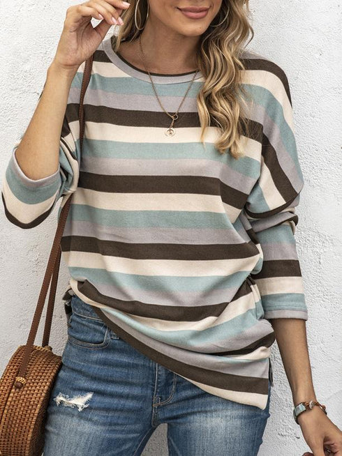 Multicolor Striped Round Neck Long Sleeve T-Shirt