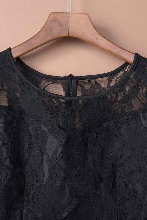 Mysterious Black Lace High-Low Satin Evening Gown
