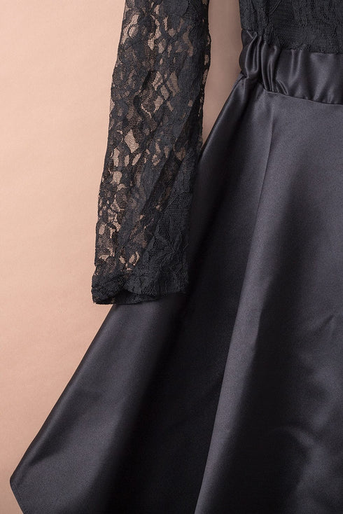 Mysterious Black Lace High-Low Satin Evening Gown