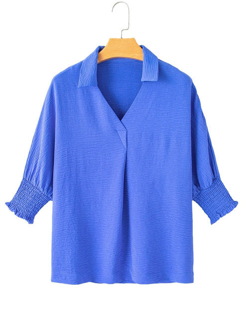 Navy Blue Collared Smocked Sleeve Cuffs Loose Fit Blouse