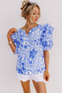Navy Blue Flower Patterned Ruffle Bubble Sleeve Top