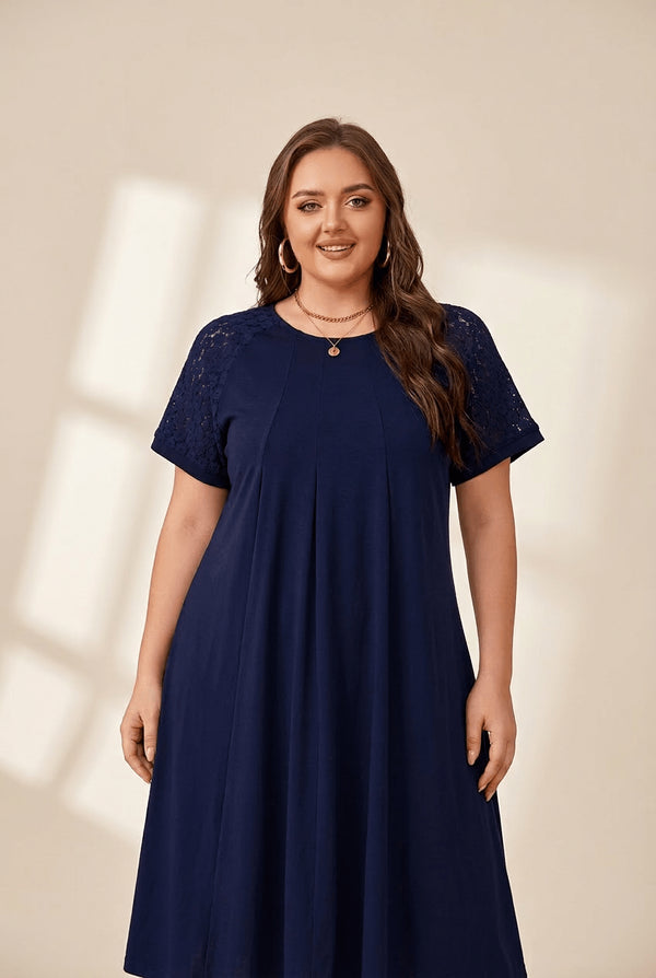 Women's Navy Blue Lace-Sleeve Pleated Swing Dress
