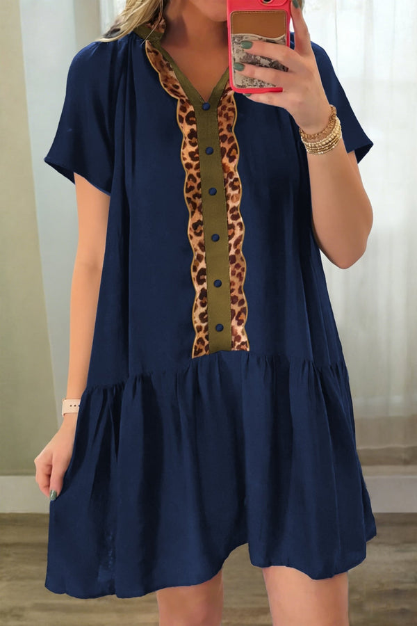 Women's Navy Blue Leopard Print Short Sleeve Tunic Dress for Women with Button Details and Chic Metallic Trim