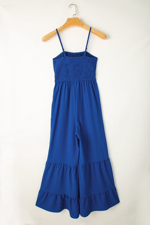 Navy Blue Smocked Spaghetti Strap Wide Leg Jumpsuit with Ruffle Detail