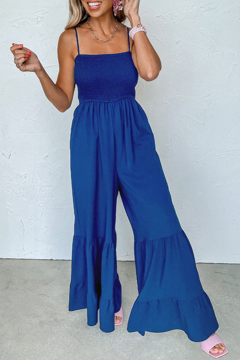 Navy Blue Smocked Spaghetti Strap Wide Leg Jumpsuit with Ruffle Detail