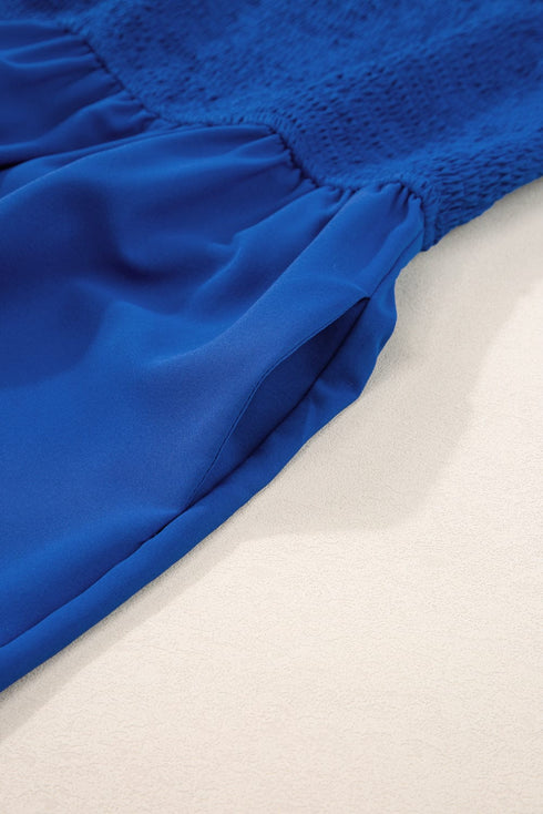 Navy Blue Smocked Spaghetti Strap Wide Leg Jumpsuit with Ruffle Detail