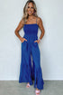 Navy Blue Smocked Spaghetti Strap Wide Leg Jumpsuit with Ruffle Detail