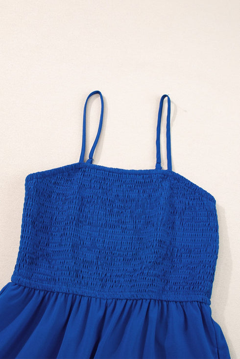 Navy Blue Smocked Spaghetti Strap Wide Leg Jumpsuit with Ruffle Detail