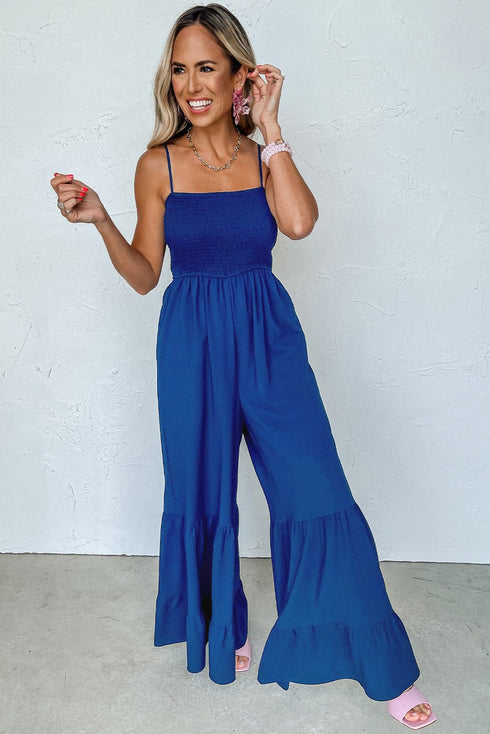 Navy Blue Smocked Spaghetti Strap Wide Leg Jumpsuit with Ruffle Detail