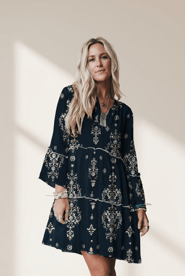 Navy Boho Floral Mini Dress with Lettuce Trim & 3/4 Sleeves