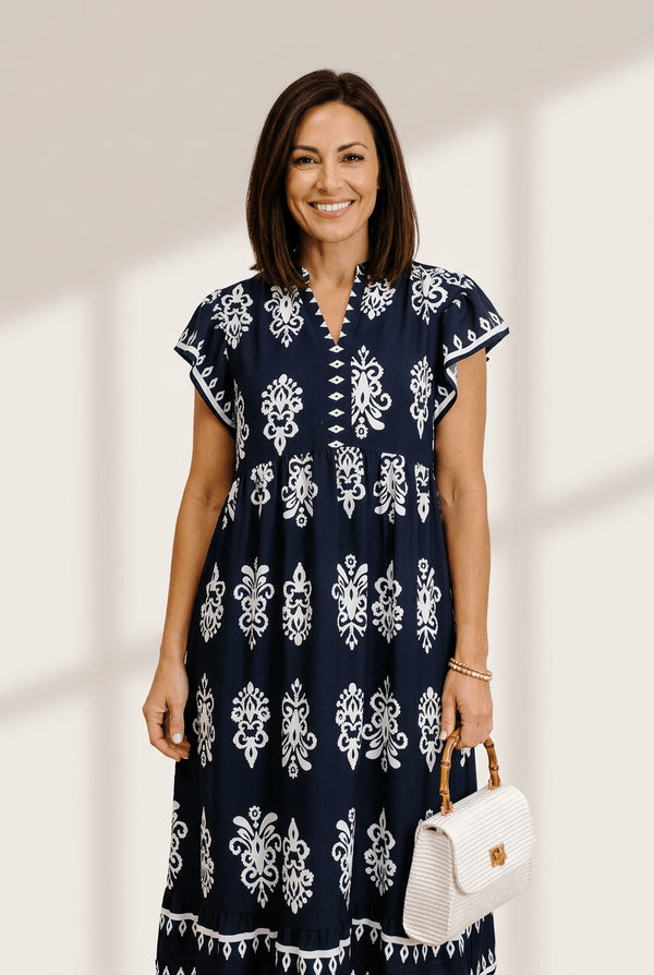 Women's Navy Medallion Print Midi Dress with Notched V-Neck