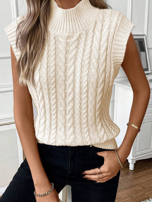 Oatmeal High Neck Cable Knit Sleeveless Sweater Vest