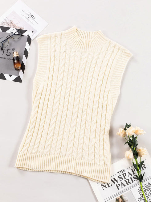 Oatmeal High Neck Cable Knit Sleeveless Sweater Vest
