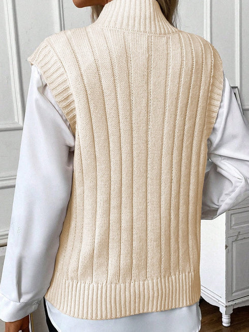 Oatmeal High Neck Cable Knit Sleeveless Sweater Vest