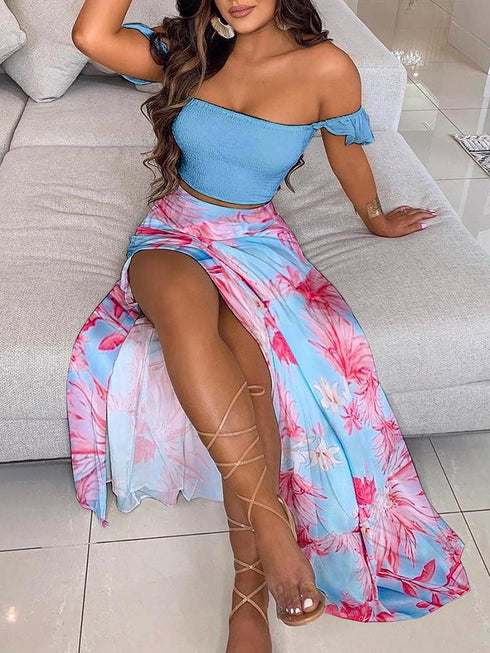 Off Shoulder Shirred Ruffles Top & Sunflower Print High Slit Maxi Skirt Set