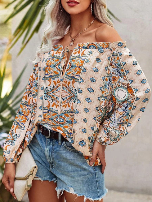 Off-The-Shoulder Bohemian Floral Print Top
