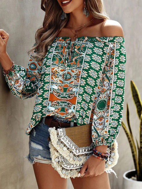 Off-The-Shoulder Bohemian Floral Print Top