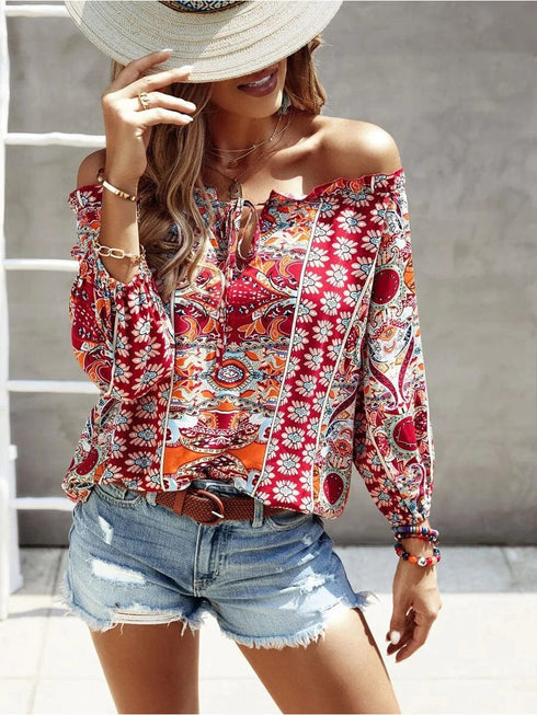 Off-The-Shoulder Bohemian Floral Print Top