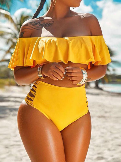 One Shoulder Ruffled Ladder Cutout Bikini