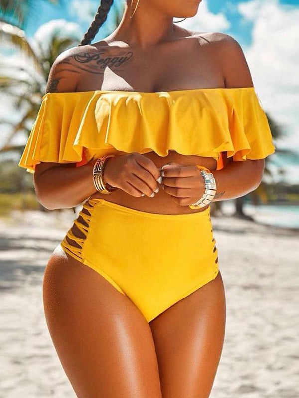 One Shoulder Ruffled Ladder Cutout Bikini