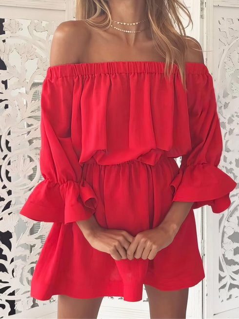 One shoulder Waisted Three-quarter Sleeve Dress