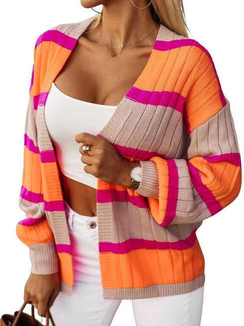 Orange Stripe Contrast Oversized Open Front Cardigan