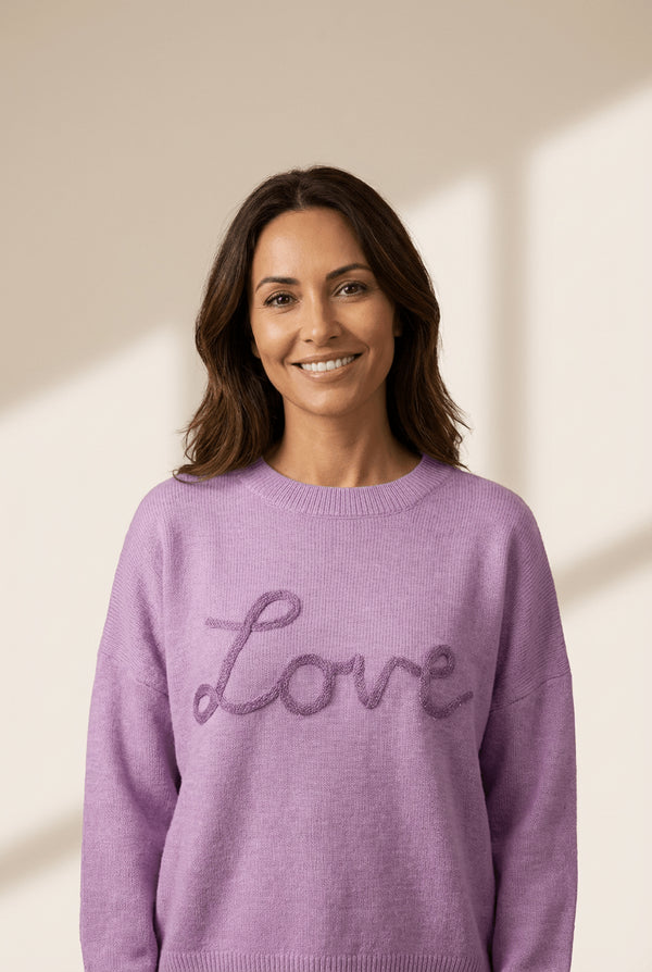 Women's Orchid Petal Women's Baggy Sweater with Love Script Graphic - Cozy, Stylish, Perfect for Casual Outfits