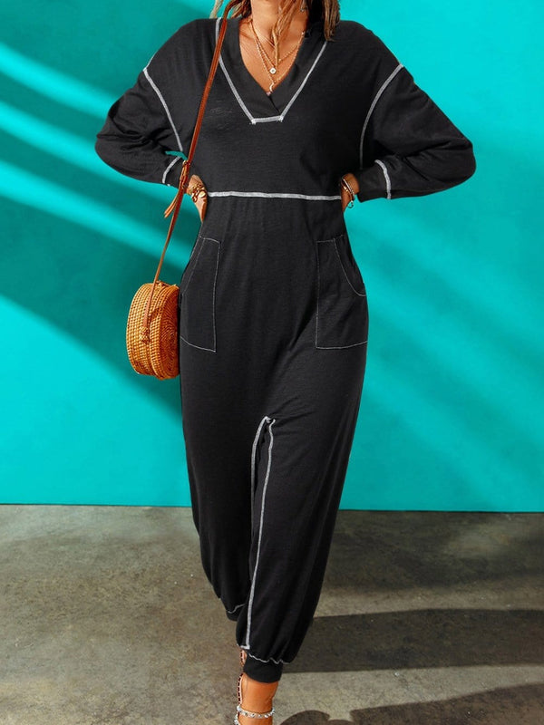 Oversized Black V-Neck Drop Waist Jumpsuit with Flatlock Seam Detail