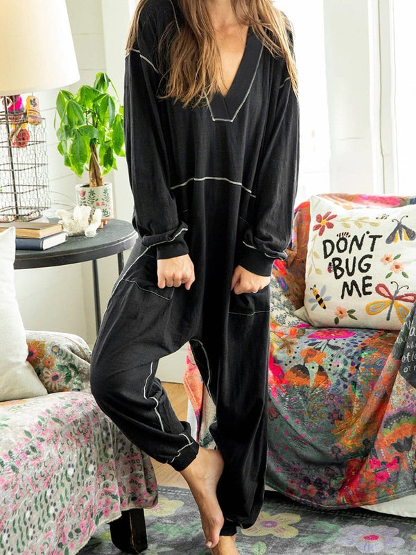 Oversized Black V-Neck Drop Waist Jumpsuit with Flatlock Seam Detail