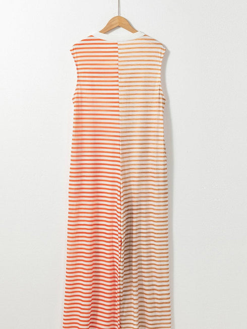Oversized Orange Striped Sleeveless Jumpsuit with Buttoned Front