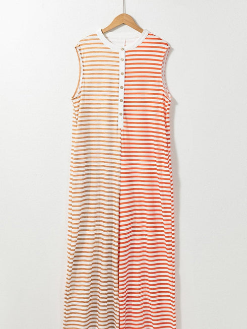 Oversized Orange Striped Sleeveless Jumpsuit with Buttoned Front