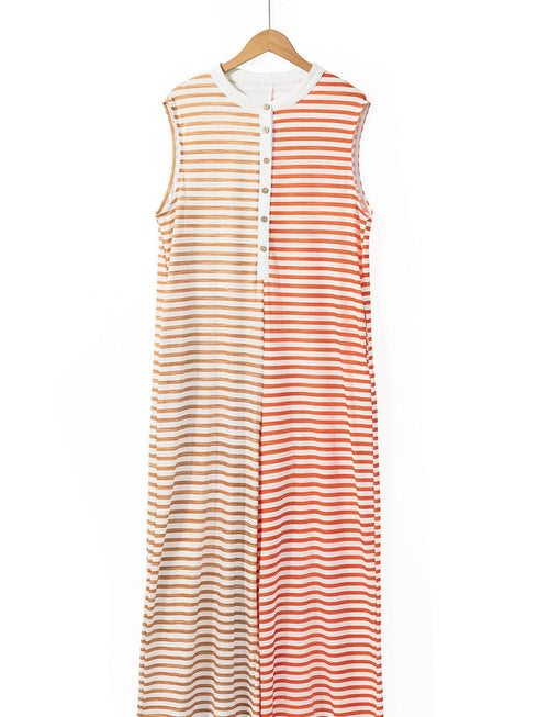 Oversized Orange Striped Sleeveless Jumpsuit with Buttoned Front