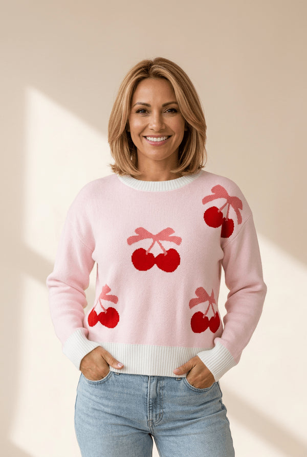 Women's Pale Pink Cherry Bow Intarsia Knit Pullover