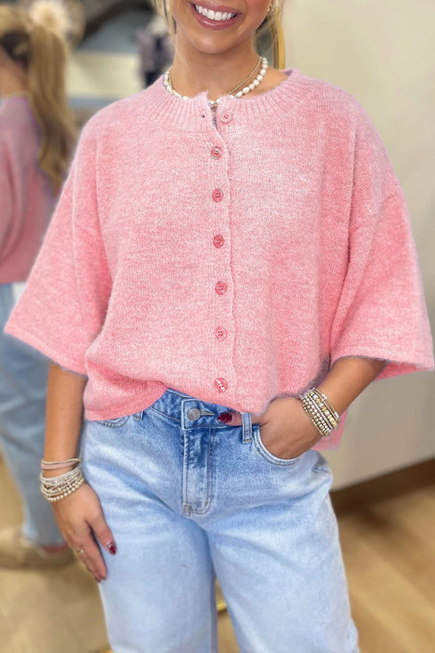 Peach Blossom 3/4 Sleeve Boxy Knit Button Down Sweater Cardigan