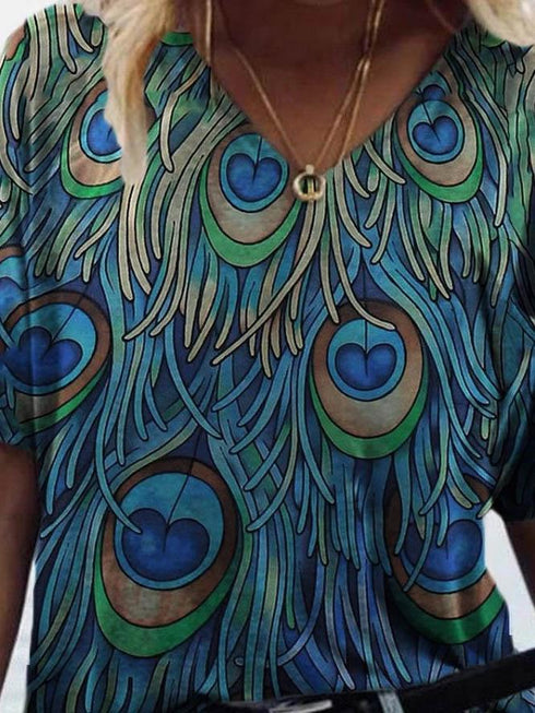 Peacock Feather Print Short-sleeved T-shirt