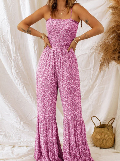 Phalaenopsis Spaghetti Strap Floral Jumpsuit with Smocked Bodice