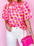 Pink Abstract Print Ruffled High Neck Blouse with Button Back
