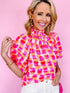Pink Abstract Print Ruffled High Neck Blouse with Button Back