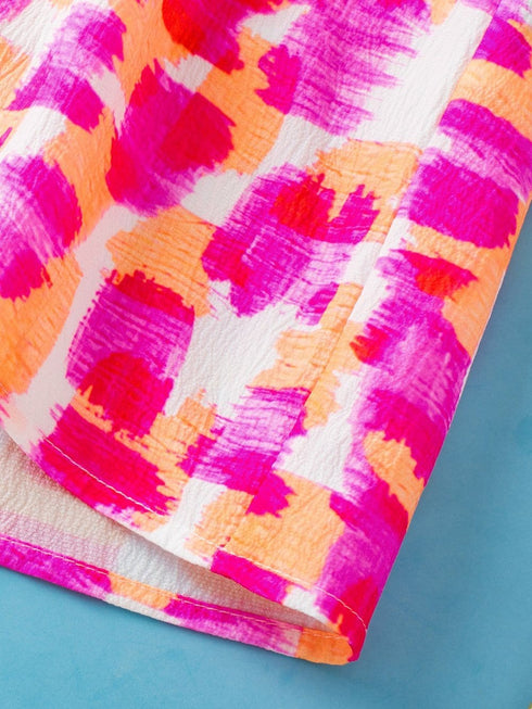 Pink Abstract Print Ruffled High Neck Blouse with Button Back