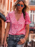 Pink Abstract Printed Ruffle Sleeve V-Neck Shirt